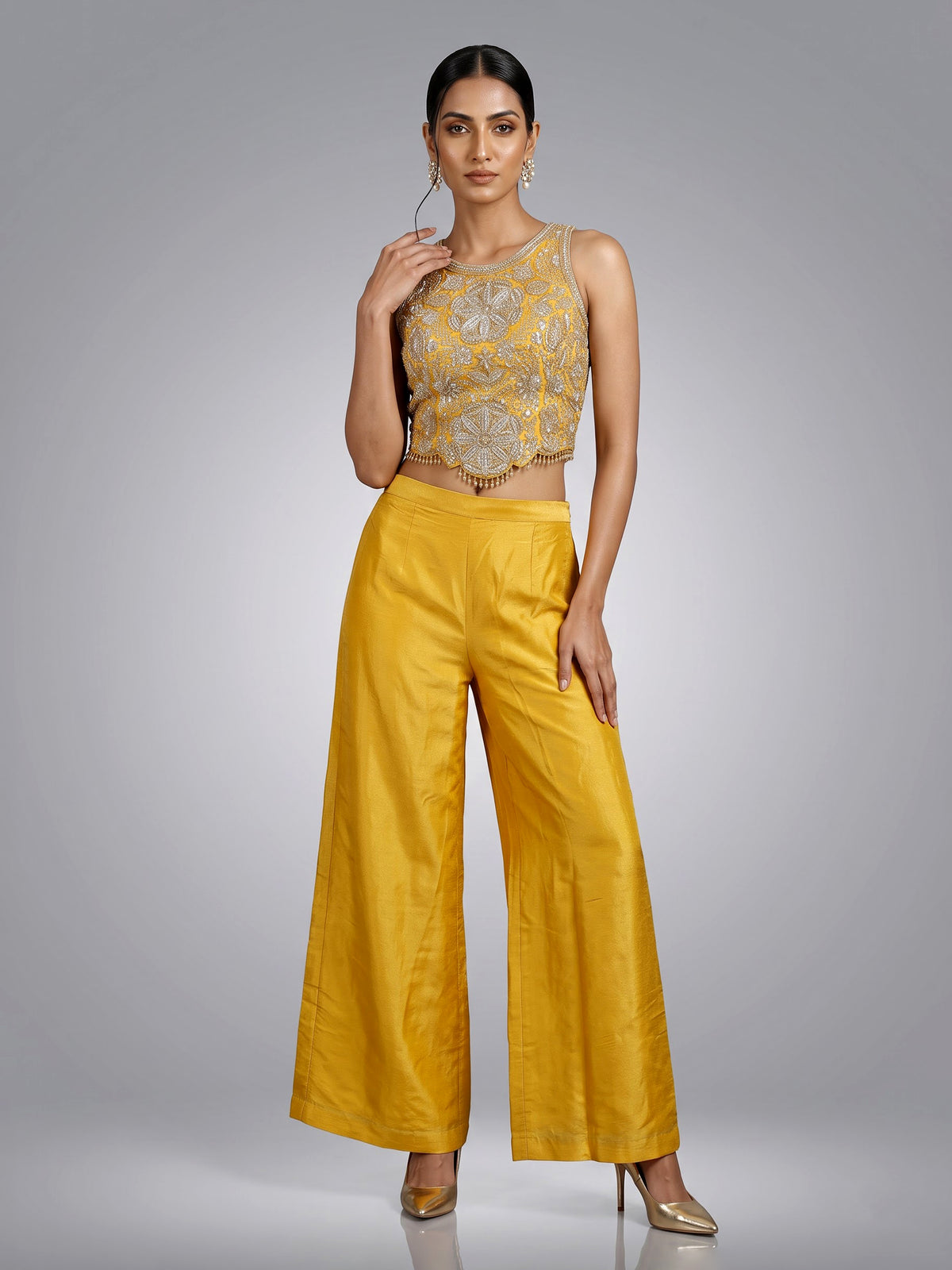 Mustard yellow silk palazzo suit with cutdana and sequin detailing