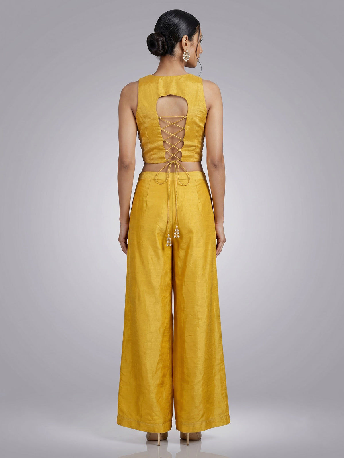 Mustard yellow silk palazzo suit with cutdana and sequin detailing