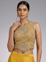 Mustard yellow silk palazzo suit with cutdana and sequin detailing