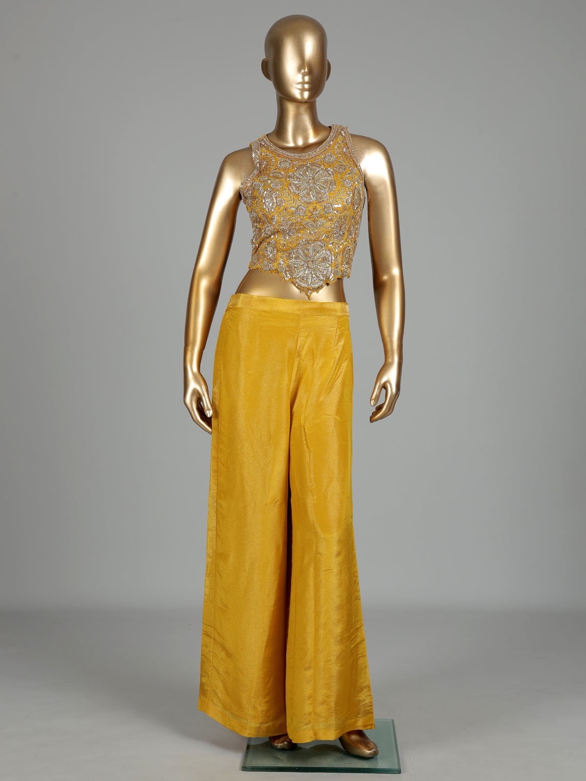 Mustard yellow silk palazzo suit with cutdana and sequin detailing