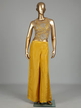 Mustard yellow silk palazzo suit with cutdana and sequin detailing