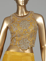 Mustard yellow silk palazzo suit with cutdana and sequin detailing