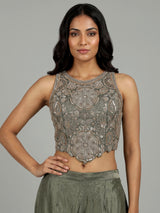 Pastel pista green silk palazzo suit with resham embellishments