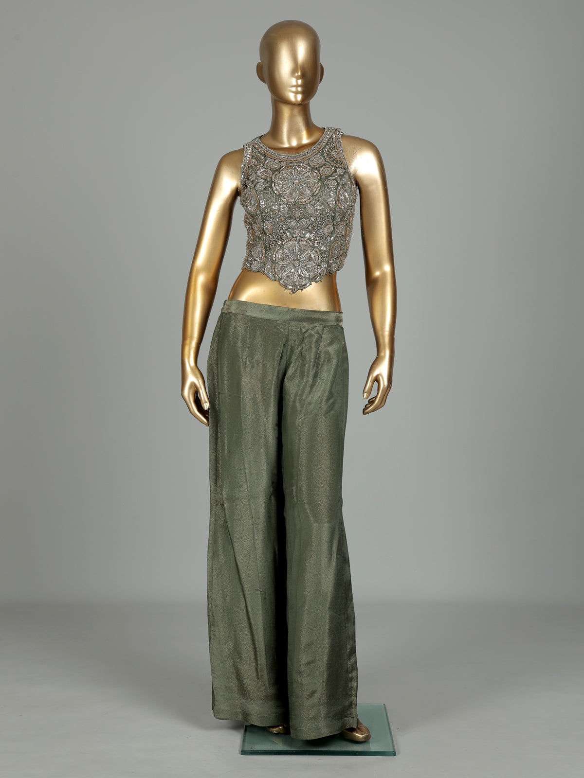 Pastel pista green silk palazzo suit with resham embellishments