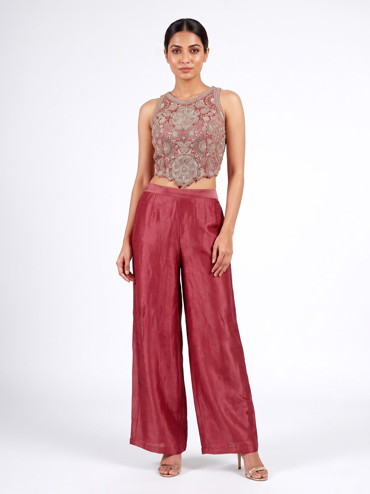 Pastel onion pink silk palazzo suit with cutdana and sequins