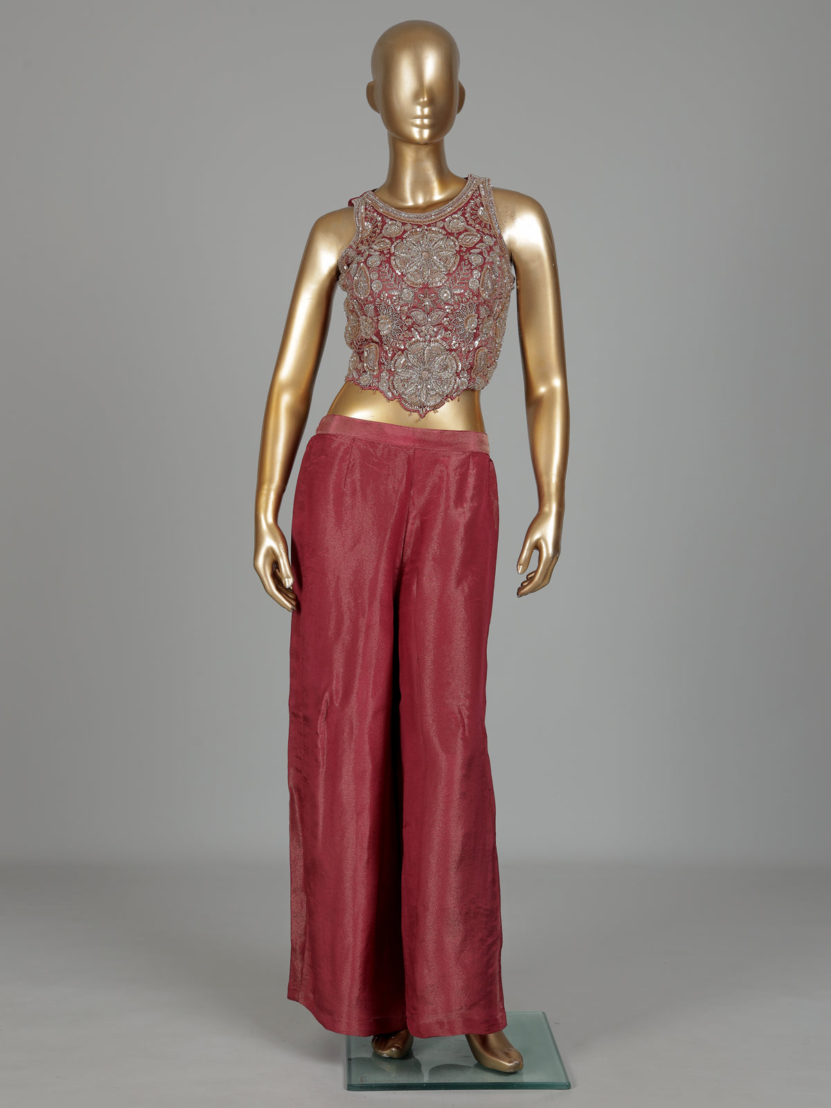 Pastel onion pink silk palazzo suit with cutdana and sequins