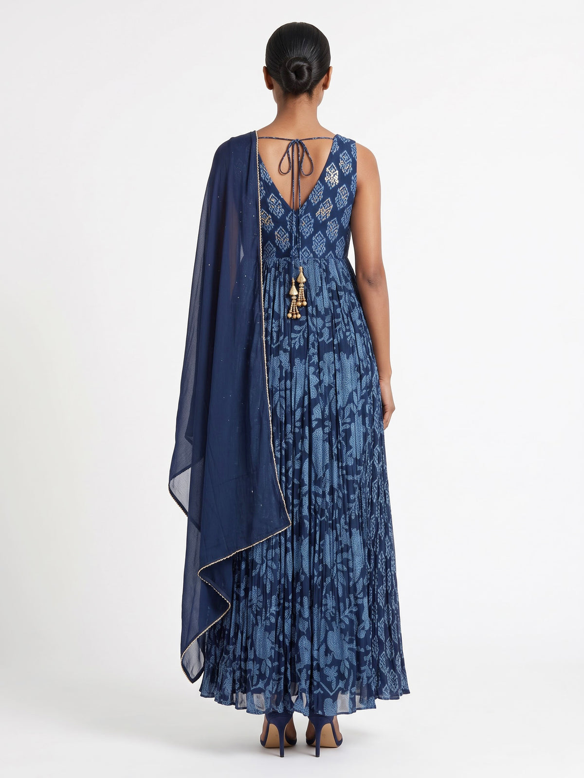 Blue printed georgette silk anarkali with zardosi and aabla detailing