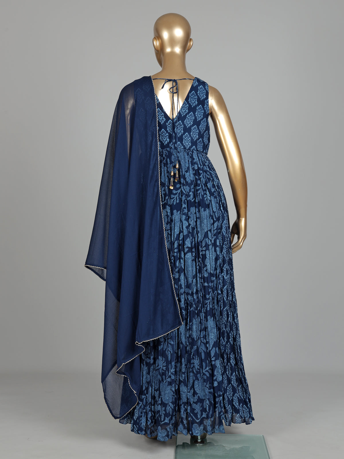 Blue printed georgette silk anarkali with zardosi and aabla detailing