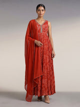 Rust red printed georgette silk anarkali with aabla embellishments