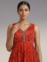 Rust red printed georgette silk anarkali with aabla embellishments