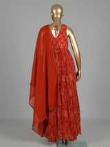 Rust red printed georgette silk anarkali with aabla embellishments