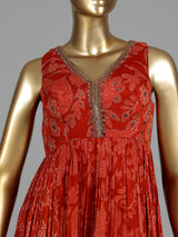 Rust red printed georgette silk anarkali with aabla embellishments