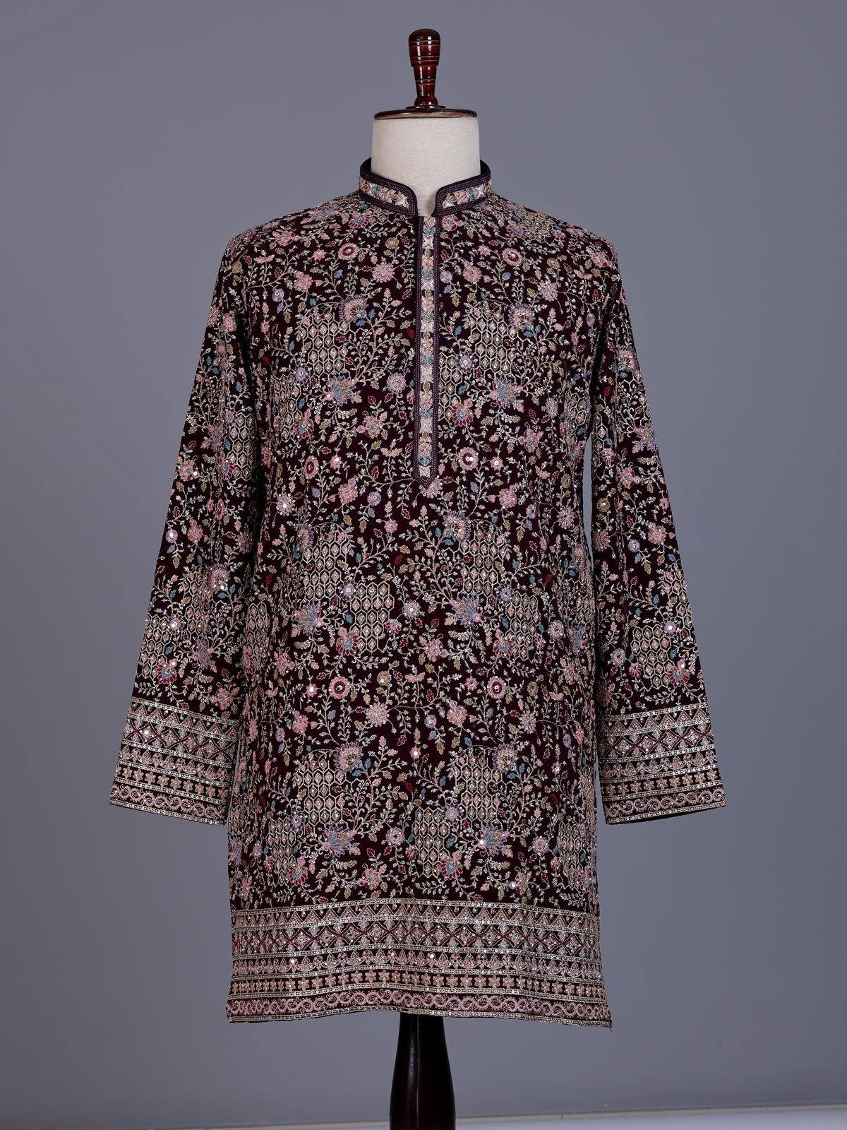Wine velvet mens kurta suit with mirror stone sequin embroidery