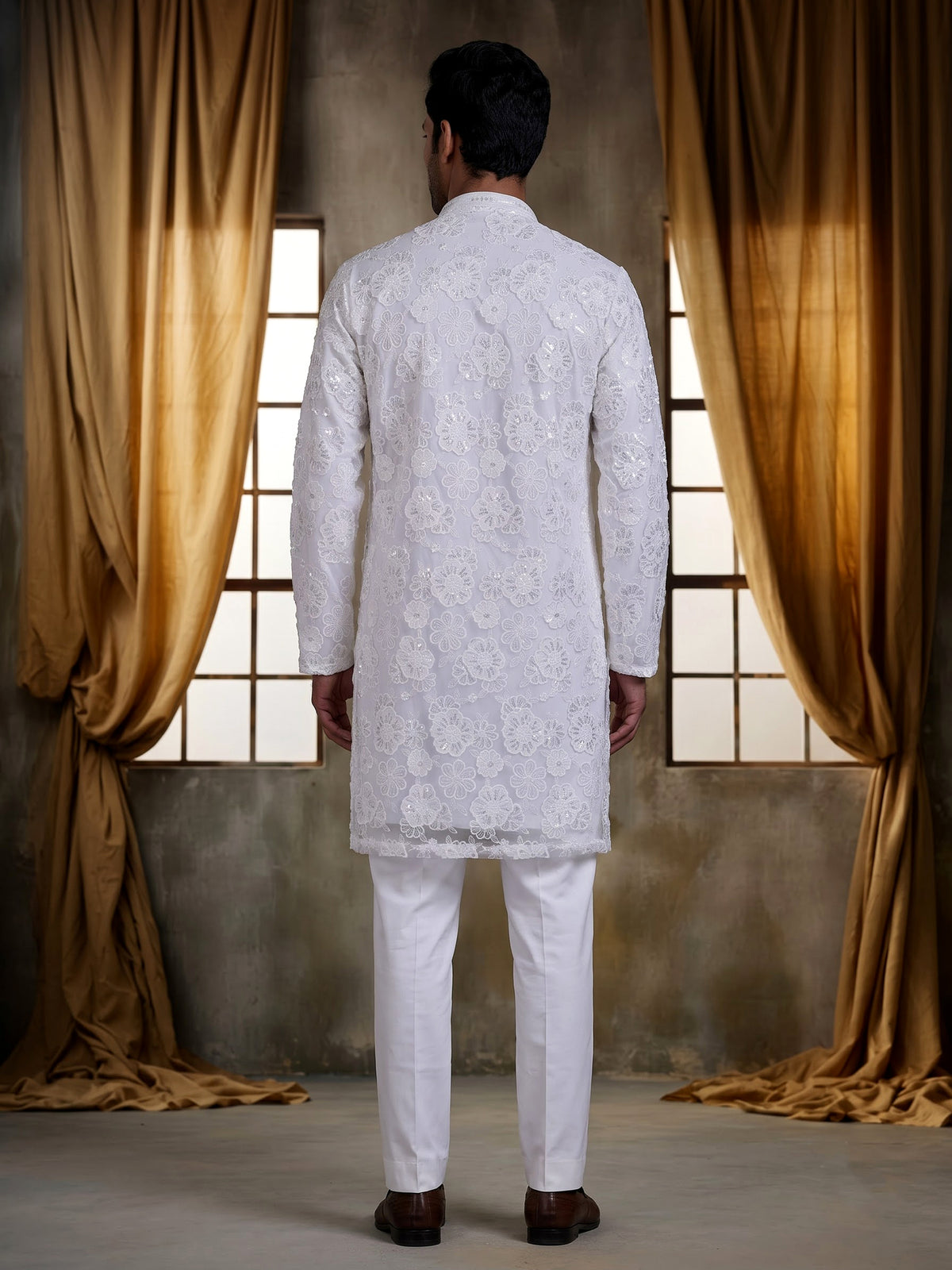 White net mens kurta suit with floral sequin aabla embroidery