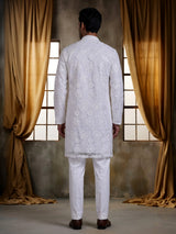 White net mens kurta suit with floral sequin aabla embroidery
