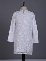 White net mens kurta suit with floral sequin aabla embroidery