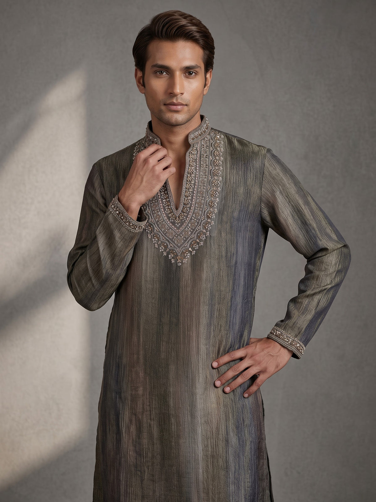 Pastel grey chiffon georgette mens kurta suit with zardosi yoke