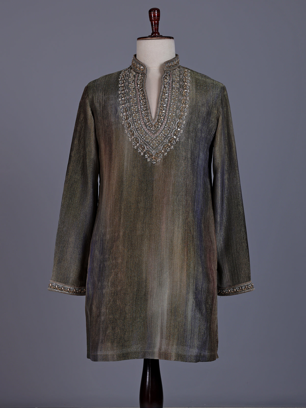 Pastel grey chiffon georgette mens kurta suit with zardosi yoke