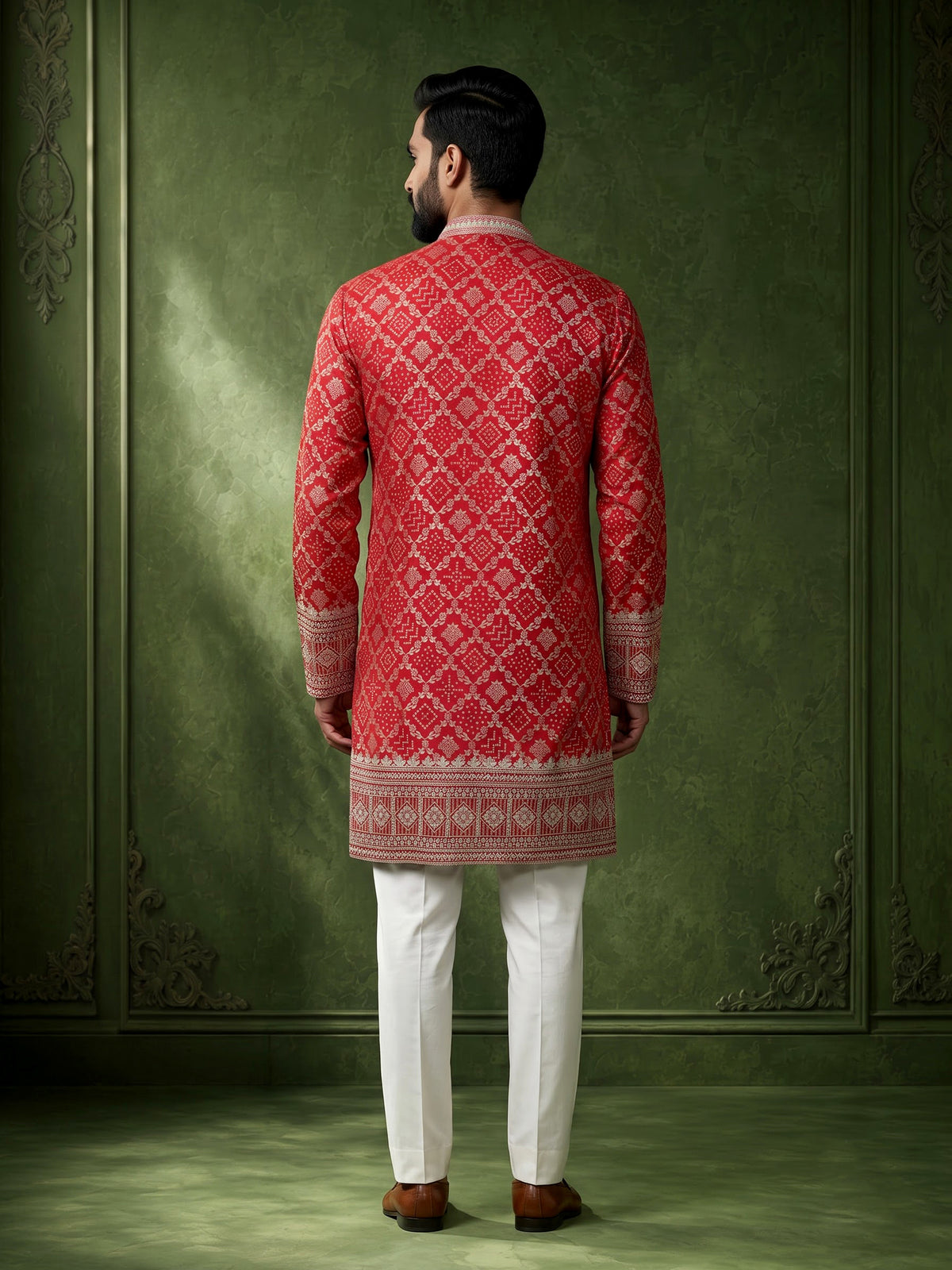 Red silk mens kurta suit with bandhani print and zari yoke