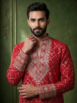 Red silk mens kurta suit with bandhani print and zari yoke