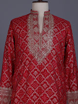 Red silk mens kurta suit with bandhani print and zari yoke