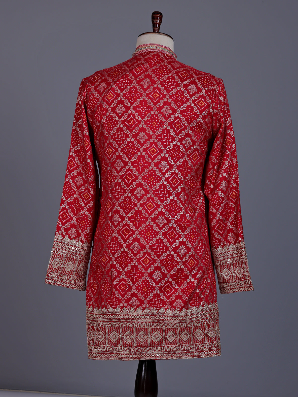 Red silk mens kurta suit with bandhani print and zari yoke
