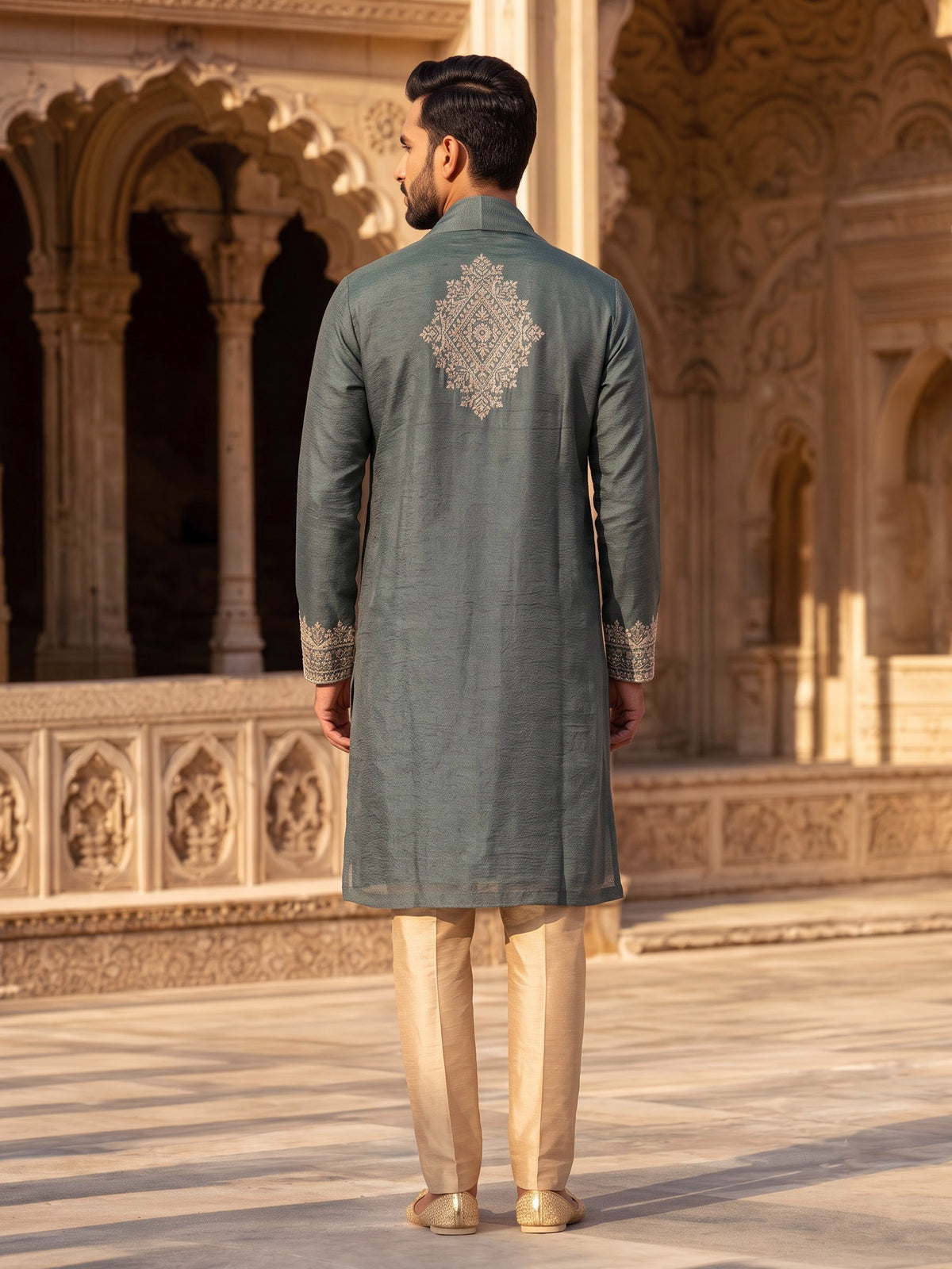 Pista green silk mens kurta suit with mirror bead embroidery