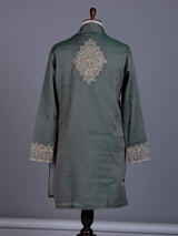Pista green silk mens kurta suit with mirror bead embroidery