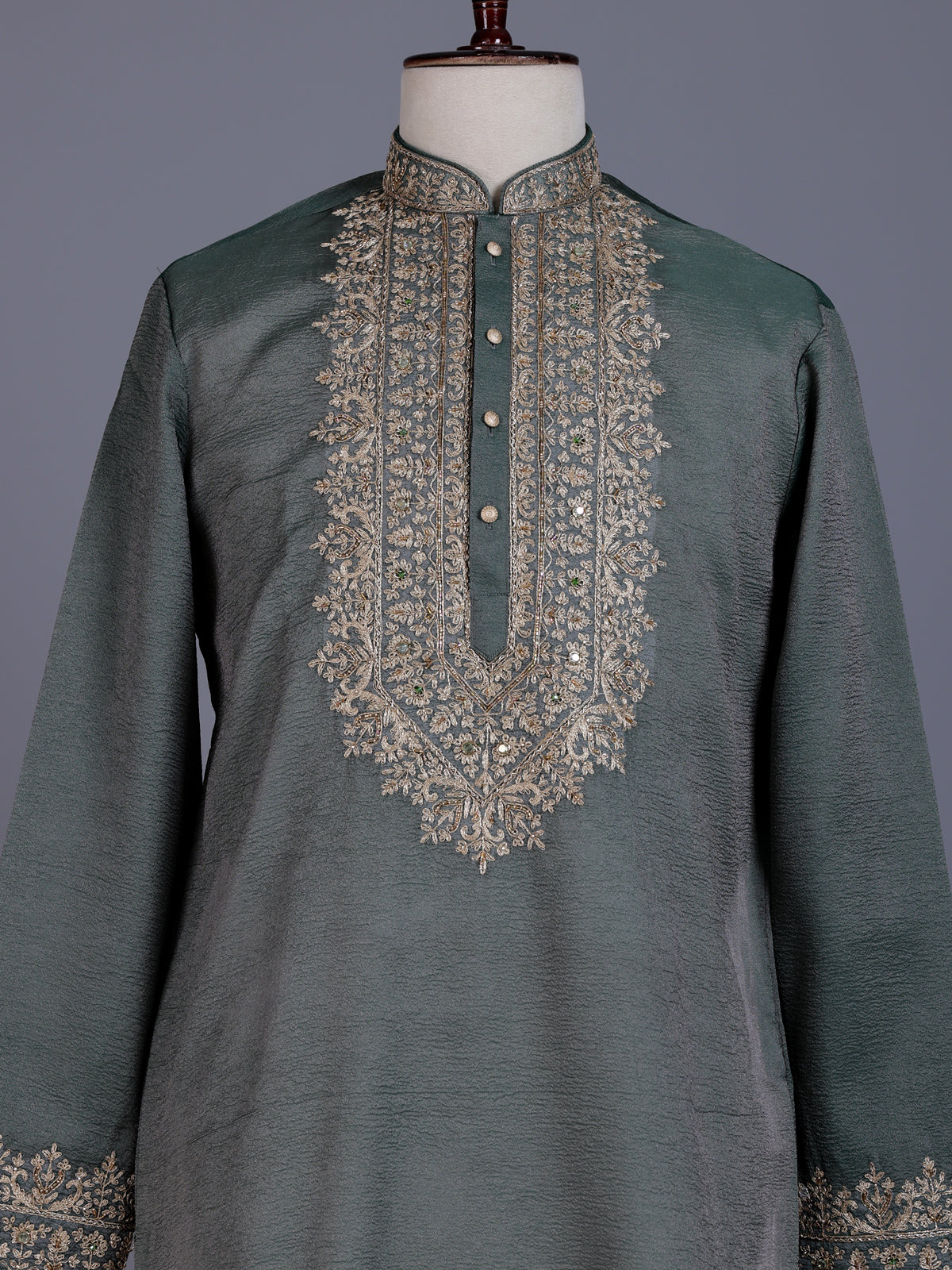 Pista green silk mens kurta suit with mirror bead embroidery