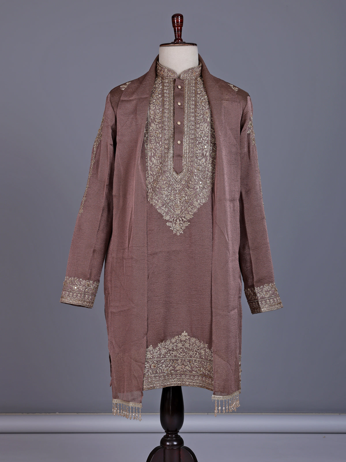 Pastel light wine silk mens kurta suit with embellished yoke
