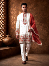 White silk mens kurta suit with bandhani dupatta and embroidery