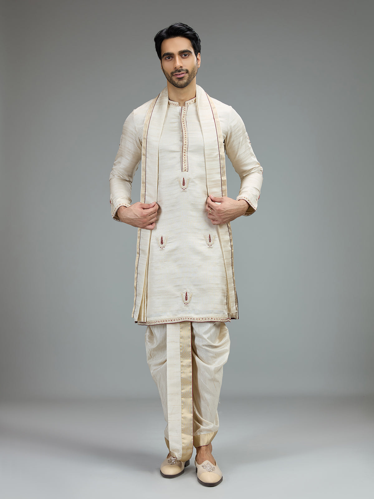Cream embroidered dhoti kurta suit for men