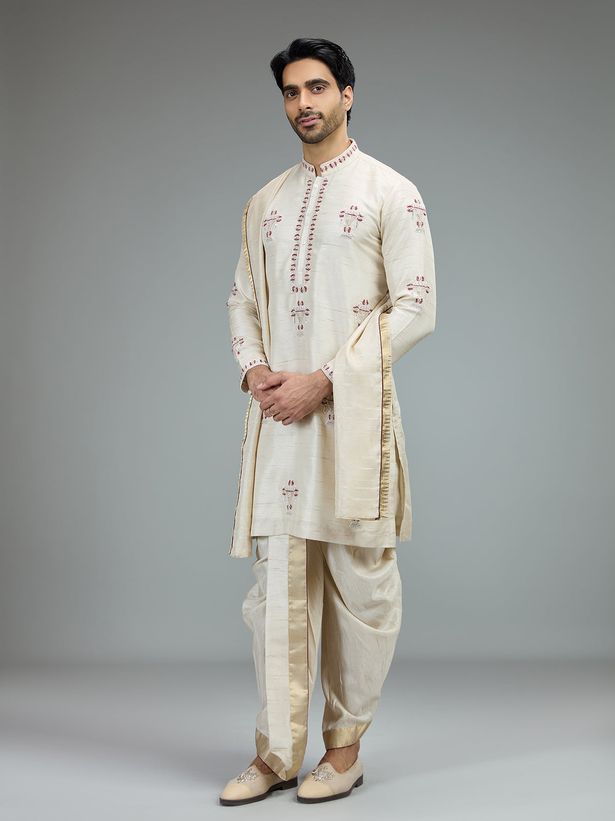 Ivory cream heritage dhoti kurta suit for men
