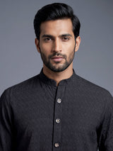 Charcoal black solid textured shirt style kurta for mens