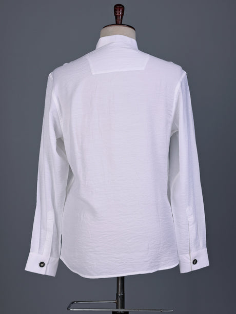 White solid textured shirt style cotton blend kurta for mens