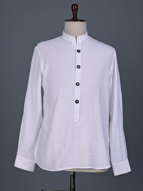 White solid textured shirt style cotton blend kurta for mens