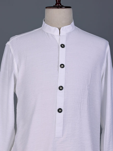White solid textured shirt style cotton blend kurta for mens