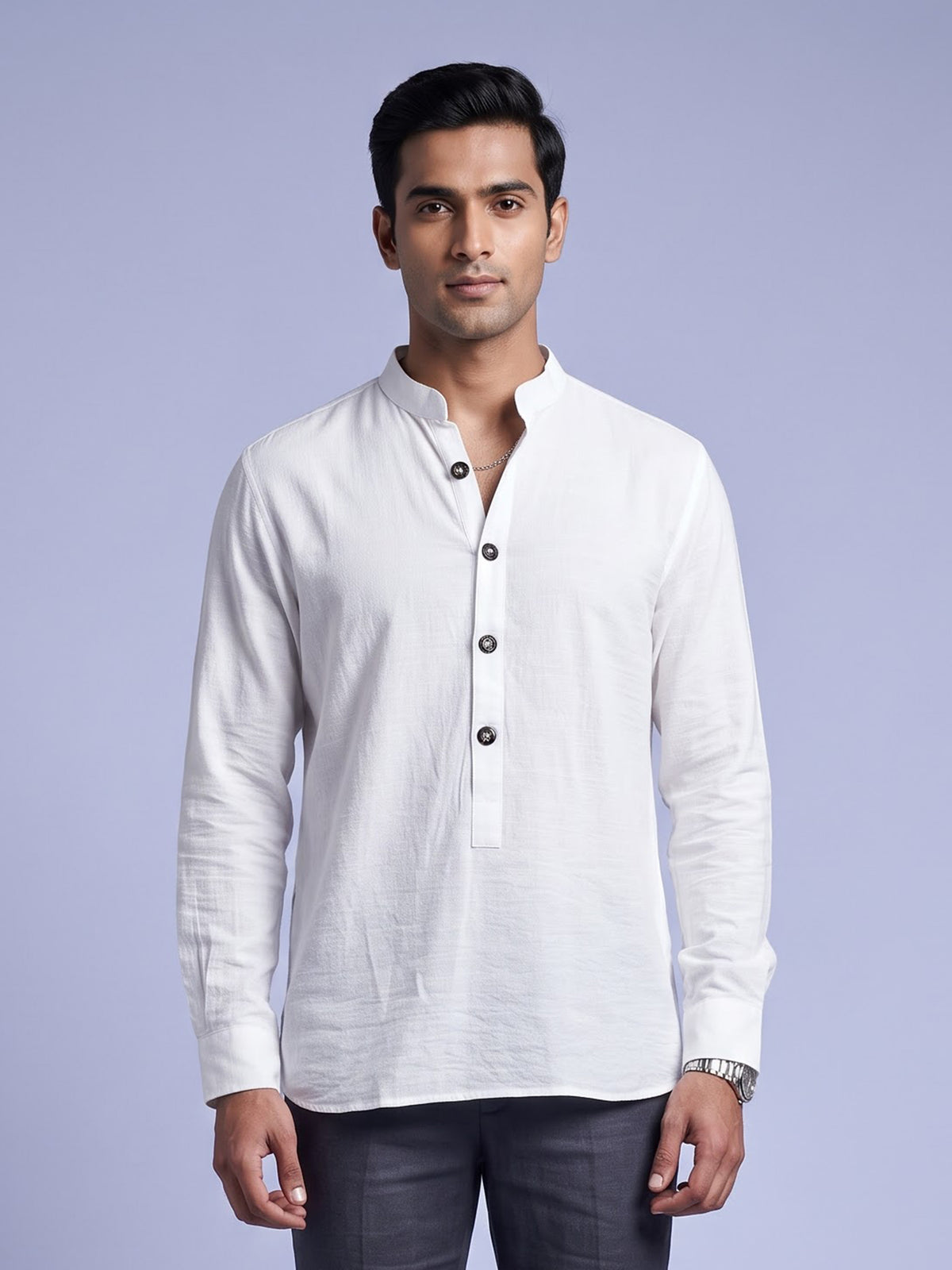 White solid textured shirt style cotton blend kurta for mens