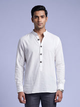 White solid textured shirt style cotton blend kurta for mens