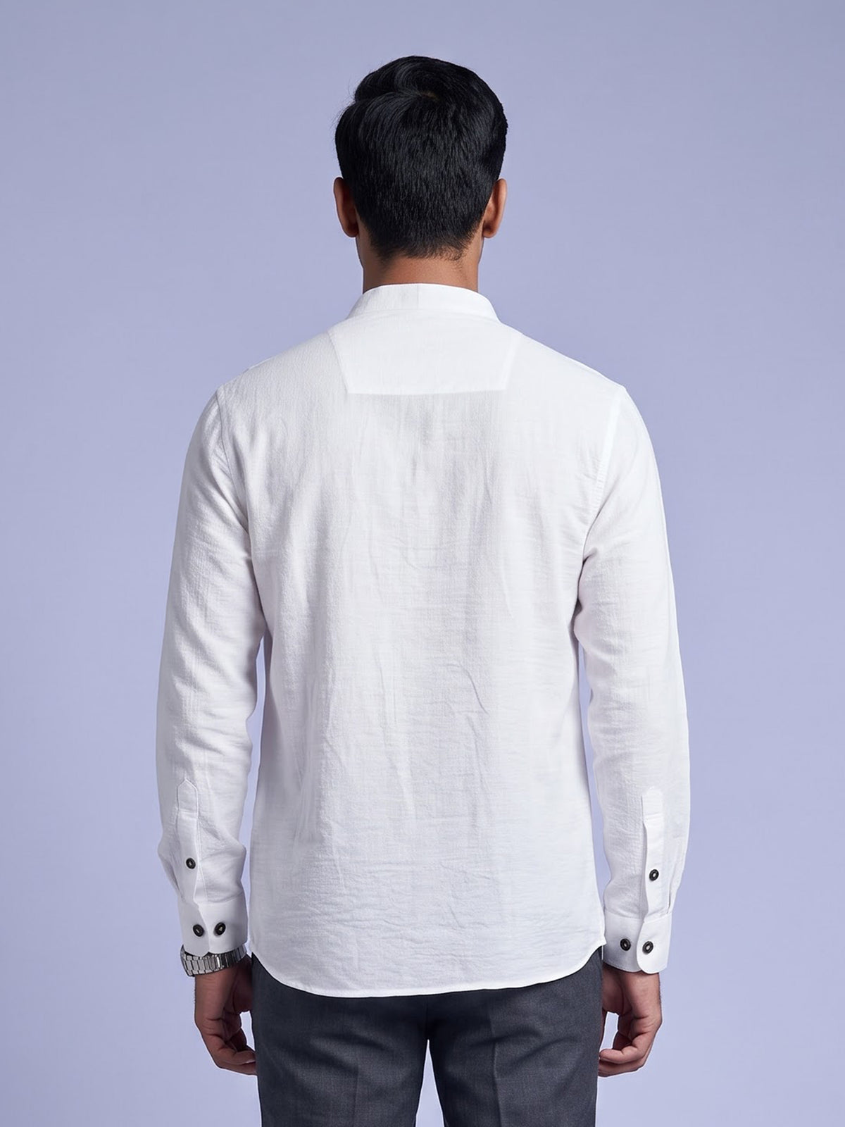 White solid textured shirt style cotton blend kurta for mens