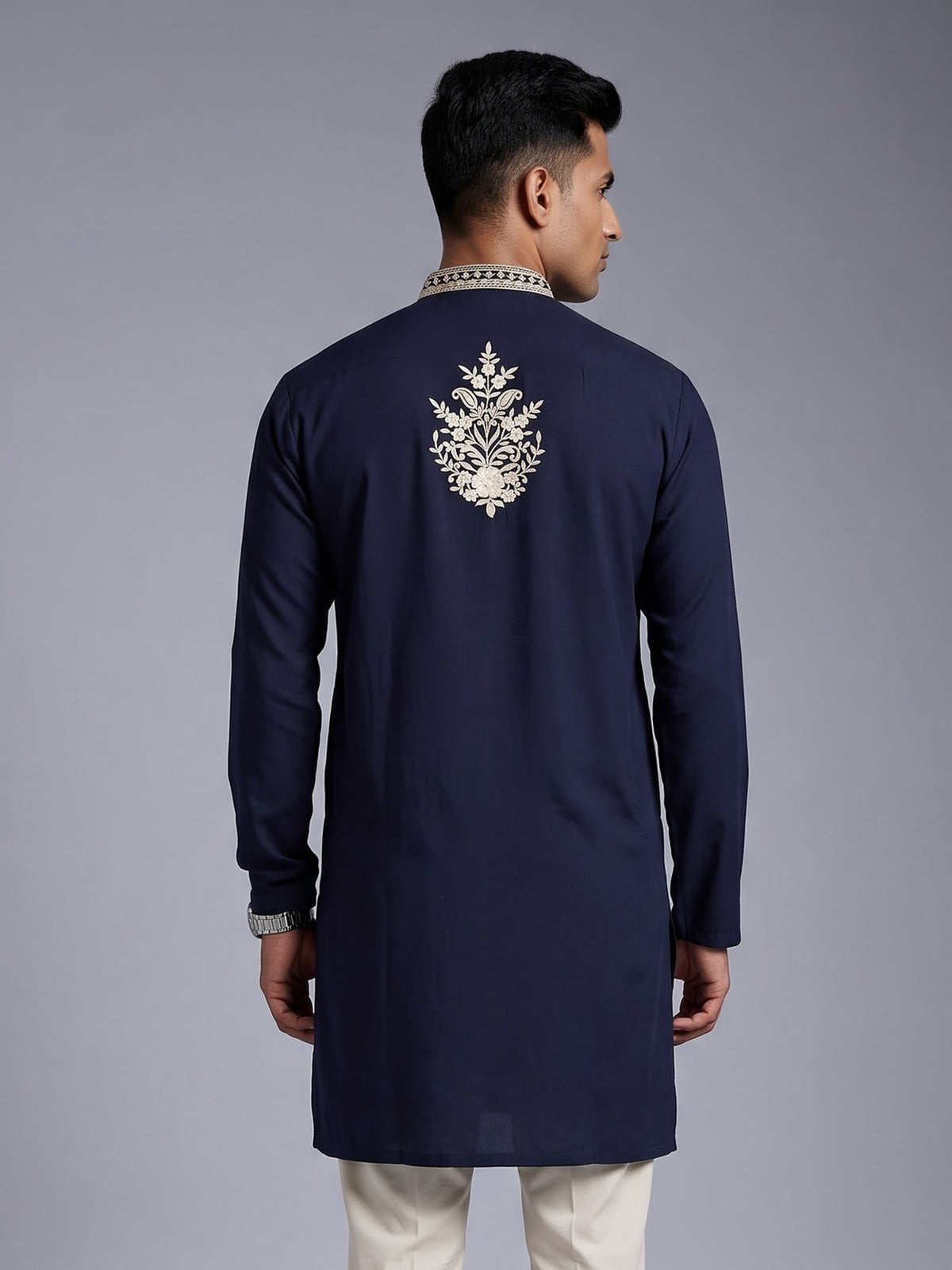 Navy ivory embroidered premium cotton blend kurta for mens