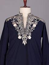 Navy ivory embroidered premium cotton blend kurta for mens