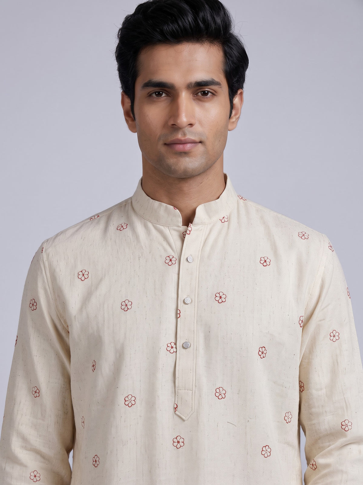 Cream rust red embroidered sequined cotton linen kurta for mens