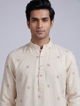 Cream rust red embroidered sequined cotton linen kurta for mens