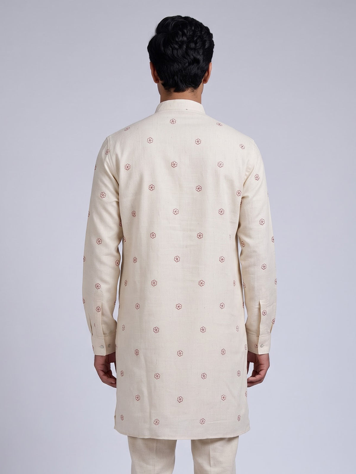Cream rust red embroidered sequined cotton linen kurta for mens