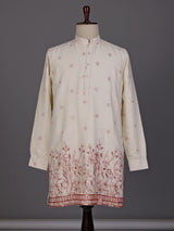 Cream rust red embroidered sequined cotton linen kurta for mens