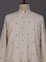Cream rust red embroidered sequined cotton linen kurta for mens