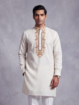 Off white thread and aabla cotton linen kurta for mens