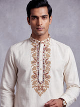 Off white thread and aabla cotton linen kurta for mens