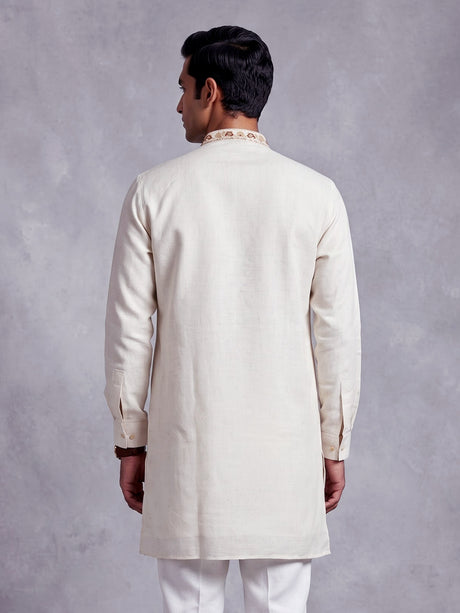 Off white thread and aabla cotton linen kurta for mens